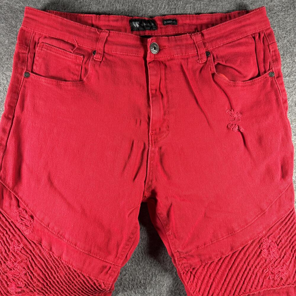 Waimea Jeans Mens 38x32 Red Skinny Slim Fit Biker Moto Distressed Stretch Denim